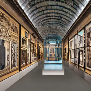 An AI-generated image showing a glass case at the end of a long narrow gallery corridor hung with an overwhelming variety of works of art.